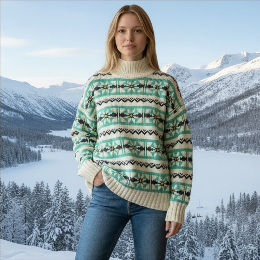American Eagle Fair Isle Mock Neck Sweater NWT Y2K mid 2010s mint cream Small - Picture 4 of 12